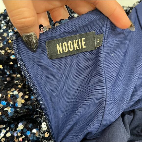 NOOKIE Sequined Long Maxi Evening Dress Spaghetti Strap High Slit Medium NEW - Picture 7 of 8